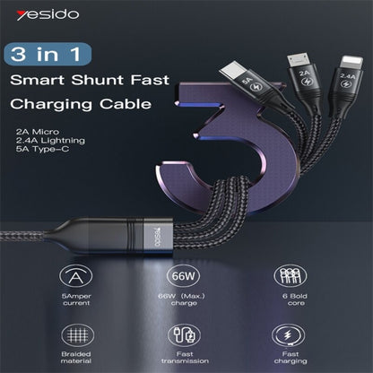 Yesido PD 20W 3 in 1 Type-C Cloth Braided Cable for Lightning & Micro & Type-C 1.2 meter CA89